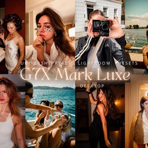 May include: A collection of lifestyle photographs showing women in different scenarios. The images include a woman applying makeup, a woman using a camera, and women enjoying leisure activities. Text overlay reads "G7X Mark Luxe Mobile & Desktop" and "UNIVERSHYPRESETS LIGHTROOM PRESETS".