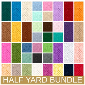 May include: A collection of fabric swatches in various colors, including green, blue, pink, and brown. Each swatch has a dotted pattern. The text "HALF YARD BUNDLE" is displayed at the bottom of the image.