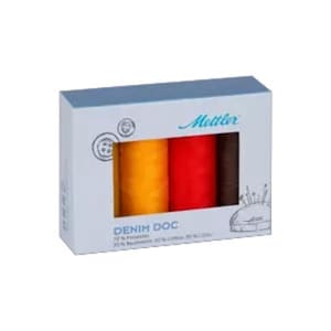 May include: A box of Mettler Denim Doc thread spools. The box contains three spools of thread in yellow, red, and brown. The box has the text "DENIM DOC" and "Mettler" on it.