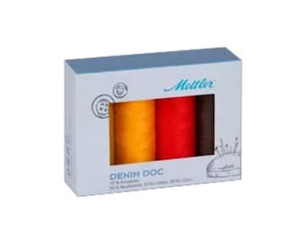 May include: A box of Mettler Denim Doc thread spools. The box contains three spools of thread in yellow, red, and brown. The box has the text "DENIM DOC" and "Mettler" on it.