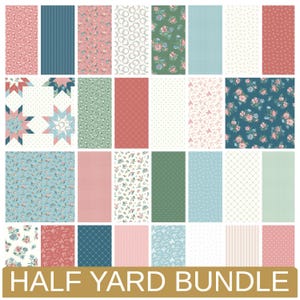 May include: A fabric bundle featuring various floral and patterned designs in shades of pink, blue, green, and white. The fabrics include floral prints, stripes, and geometric patterns. The text "HALF YARD BUNDLE" is displayed at the bottom.