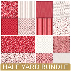 May include: A fabric bundle featuring various red and white patterns. Designs include floral, striped, dotted, and geometric motifs. The text "HALF YARD BUNDLE" is displayed at the bottom. Ideal for quilting and crafting projects.