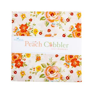 May include: A stack of fabric squares with a floral pattern featuring orange, yellow, and pink roses on a white background. The fabric is labeled "Peach Cobbler" by Lily Ashbury for Riley Blake Designs.