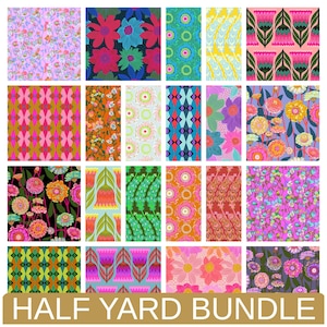 May include: A collection of colorful fabric patterns, including floral, geometric, and abstract designs. The fabrics feature a variety of colors, including pink, orange, green, and blue. The text "HALF YARD BUNDLE" is displayed at the bottom of the image.