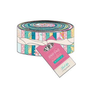 May include: A fabric strip roll featuring 40 strips of premium cotton fabric in various patterns and colors, including teal, pink, and yellow. A pink tag is tied around the roll with white ribbon, displaying the text AGE Strip Roll Fabric Wonders.