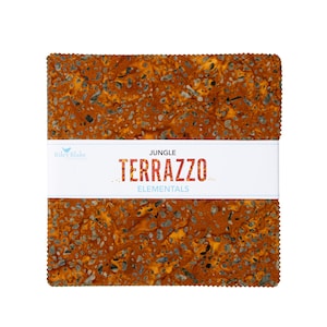 May include: A 5-inch square fabric featuring a terrazzo pattern in shades of orange, brown, and gray. The fabric is labeled "Jungle Terrazzo Elementals" by Riley Blake Designs.