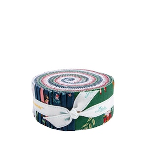 May include: A rolled bundle of fabric strips, featuring a variety of festive patterns in shades of green, red, and blue. The fabric is secured with a white ribbon printed with the brand name. The bundle is perfect for quilting and crafting projects.