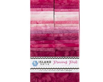 May include: A stack of 40 fabric strips in various shades of pink, ranging from light blush to deep magenta. The label reads Island Batik Precious Pink, 2 1/2" Strips, 40 Pieces, 20 Fabric Designs. The fabric features batik patterns with tonal variations.