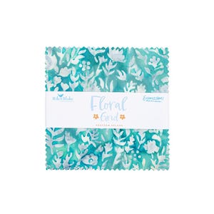 May include: A stack of fabric squares with a teal and white floral pattern. The fabric is labeled "Floral Grid" and "Seafom Splash" by Riley Blake Designs. The fabric squares are perfect for quilting and crafting projects.