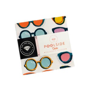 May include: A fabric charm pack featuring a white background with a repeating pattern of colorful sunglasses in orange, yellow, teal, and pink. The pack is labeled "Poolside Too" and includes a Ruby Star Society logo. Each square measures 5 inches.