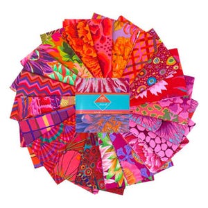 May include: A collection of 20 fabric squares in a variety of bright colors and patterns, including floral, geometric, and abstract designs. The fabric squares are arranged in a fan shape and are perfect for quilting, patchwork, and other craft projects.
