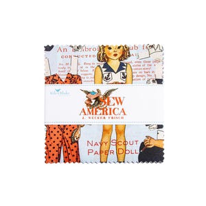 May include: A stack of fabric squares featuring a vintage-style illustration. The fabric has a repeating pattern of a paper doll with a navy scout uniform. The text "SEW AMERICA" and "NAVY SCOUT PAPER DOLL" are visible.