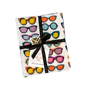 May include: A bundle of fabric fat quarters featuring a repeating pattern of colorful sunglasses in various styles and colors, including orange, pink, blue, and yellow, on a white background. Tied with a black ribbon and a tag.