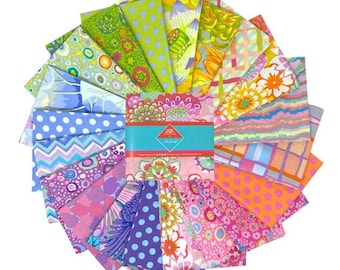May include: A collection of 18 colorful fabric squares with various patterns, including polka dots, stripes, and floral designs. The fabric squares are arranged in a fan shape and feature a blue label with the text "Happy" and "Fabric".