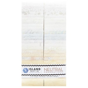 May include: A stack of 40 fabric strips labeled Island Batik Neutral Foundations, featuring 20 fabric designs in shades of white, cream, and beige. The paper band clearly states 2 1/2" Strips, 40 Pieces, and 20 Fabric Designs on the front.