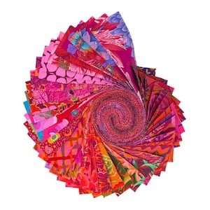 May include: A roll of 40 brightly colored fabric squares, featuring a variety of patterns, including floral, geometric, and abstract designs. The fabric squares are arranged in a spiral pattern, creating a visually appealing display.