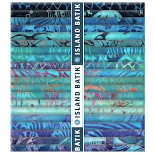 May include: A collection of fabric strips featuring Island Batik patterns in shades of blue, teal, purple, and orange. The strips are arranged in two vertical columns with a central white band displaying the text ISLAND BATIK and a lizard icon.