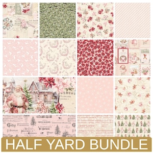 May include: A collection of sixteen fabric squares featuring various Christmas-themed patterns including Santa Claus, poinsettias, reindeer, gingerbread cookies, pine trees, musical notes, and vintage script text in shades of red, pink, and cream.