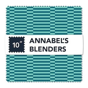 May include: A square piece of fabric with pinked edges featuring a teal and light blue horizontal striped pattern. A white horizontal band across the center displays the dark blue text 10" ANNABEL'S BLENDERS with the 10" inside a dark blue square.