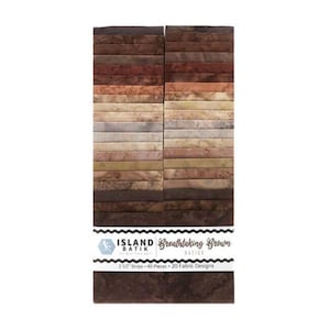 May include: A stack of 40 fabric strips in 20 brown batik designs, labeled Island Batik Breathtaking Brown, 2 1/2 inch strips. The fabric features various shades of dark brown, tan, beige, and cream with mottled, marbled, and textured patterns.