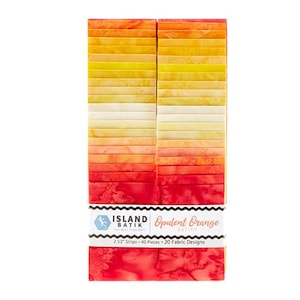 May include: A stack of 40 fabric strips in a gradient of orange, yellow, and red hues. The label reads Island Batik Opulent Orange, 2 1/2" Strips, 40 Pieces, 20 Fabric Designs. The fabric features a mottled, batik-style texture throughout the set.