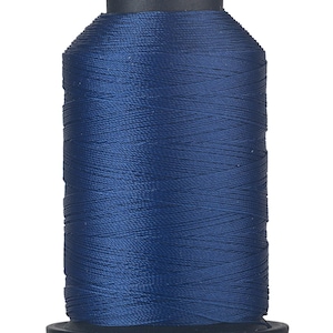 May include: A spool of navy blue thread. The thread is tightly wound around a cylindrical core, with a slightly conical shape. The base and top of the spool are black. The thread appears to be smooth and has a slight sheen, suggesting it is made of a synthetic material.