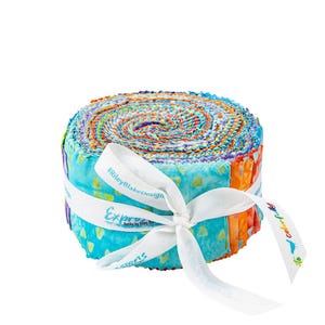 May include: A roll of colorful fabric scraps tied with a white ribbon. The fabric is a mix of blue, orange, yellow, and purple. The ribbon has the text "#RileyBlakeDesign" and "Express" printed on it.