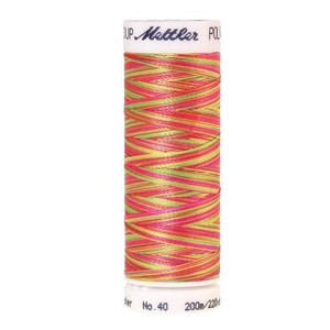 May include: A spool of multi-colored thread with a pink, yellow, and green color scheme. The spool is labeled "Metzler" and "No. 40 200m/220yd".