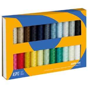 May include: A rectangular box containing twenty-four spools of sewing thread in various colors, arranged in two rows. The packaging is yellow and blue with the text ASPO and ASPO 120 printed on the front. The thread spools display a spectrum of shades including white, black, red, yellow, green, and blue.