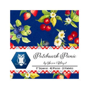 May include: A fabric panel with a blue background featuring watercolor illustrations of strawberries, blueberries, cherries, and white flowers. The text "Patchwork Picnic" is displayed with an owl logo and the dimensions of the fabric squares.