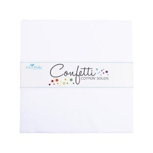 May include: A stack of white fabric squares wrapped with a band that reads "Confetti COTTON SOLIDS." The band features the Riley Blake Designs logo and colorful confetti-like dots. The fabric appears to be cotton.