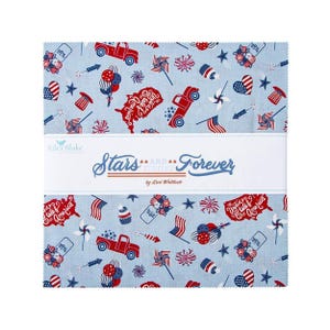 May include: A stack of fabric squares with a light blue background and a patriotic print. The design includes red trucks, fireworks, flags, and heart shapes. The text "Stars and Stripes Forever" is visible.
