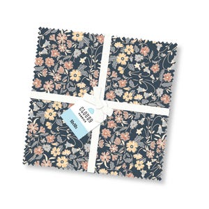 May include: A square bundle of fabric squares with a floral pattern in navy, peach, yellow, and gray. The fabric is tied with a white ribbon and a tag that reads "Cloud9 Fabrics 10x10s". The edges of the fabric are scalloped.