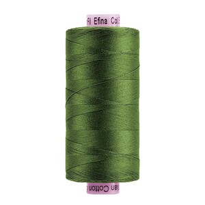 May include: A cylindrical spool of olive green sewing thread with a smooth, uniform texture. The spool features light pink end caps with printed text that reads Fil Efina Col. and Egyptian Cotton.