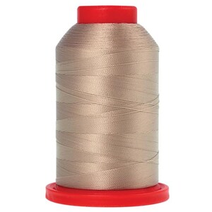 May include: A spool of beige embroidery thread with a red plastic top and bottom.