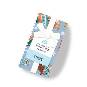May include: A bundle of Cloud9 Fabrics strips tied with a white ribbon. The fabric strips feature various colorful patterns on a light blue background, including stars, chairs, and floral designs. The tag reads "Cloud9 Fabrics" and "Strips."