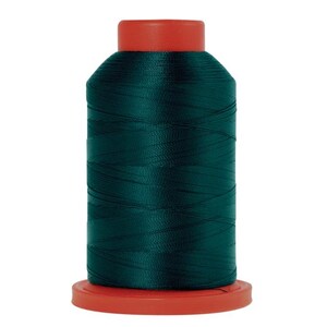 May include: A spool of dark green thread on a red plastic bobbin.