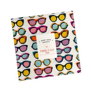 May include: Square fabric with a repeating pattern of colorful sunglasses in yellow, orange, pink, blue, and purple on a white background. A white label with text reads "Ruby Star Society Poolside too Collaborative Collection."