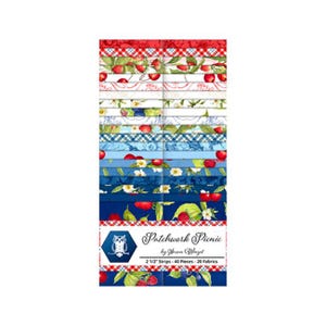 May include: A stack of fabric strips with various patterns, including cherries, berries, and gingham. The fabric is in shades of red, blue, and white. The label reads "Patchwork Picnic" by Susan Winget, with 2 1/2" strips, 40 pieces, and 20 fabrics.