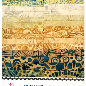 May include: A collection of 2 1/2 inch fabric strips in various shades of blue, yellow, and brown. The fabric features batik designs with organic patterns. The package is labeled "Stone Strata" and includes 40 pieces with 20 fabric designs.