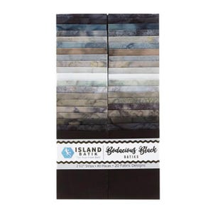 May include: A stack of 40 fabric strips labeled Island Batik Bodacious Black Batiks, featuring 20 fabric designs. The strips are 2 1/2 inches wide and display a gradient of gray, black, and white tones with marbled patterns on a white background.