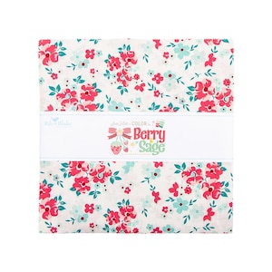 May include: A stack of fabric squares with a floral pattern in red, light blue, and green on a white background. The fabric is wrapped with a white band that reads "Love Note Color" and "Berry Sage."