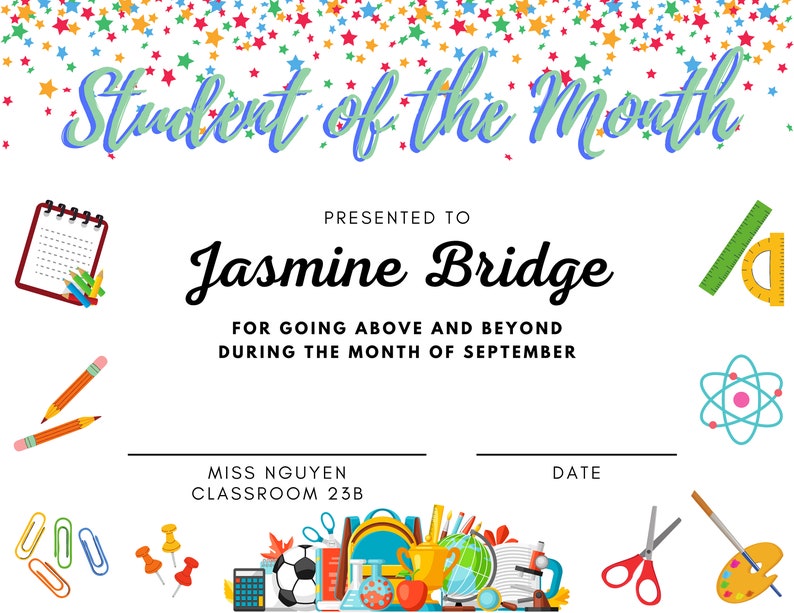 Student of the Month Elementary School Certificate Template Etsy Student of the Month Elementary School Certificate Template Etsy