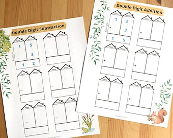 May include: Two printable worksheets for kids to practice double-digit addition and subtraction. Each worksheet has a house-shaped grid with tens and ones columns. The example problems show the numbers 15 + 3 and 15 - 3.