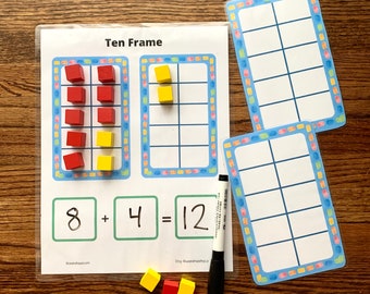 Ten Frame Math Printable, Math Dice Game, Math card game, Homeschool Game, Math Game Printable, Math Facts Practice, Kindergarten Math