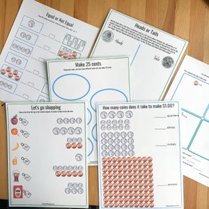 May include: A set of printable worksheets for teaching kids about money. The worksheets feature images of US coins and activities like counting coins, making change, and identifying coin values. The worksheets are titled "Equal or Not Equal", "Make 25 Cents", "Let's Go Shopping", "Heads or Tails", and "How Many Coins Does It Take To Make $1.00?"