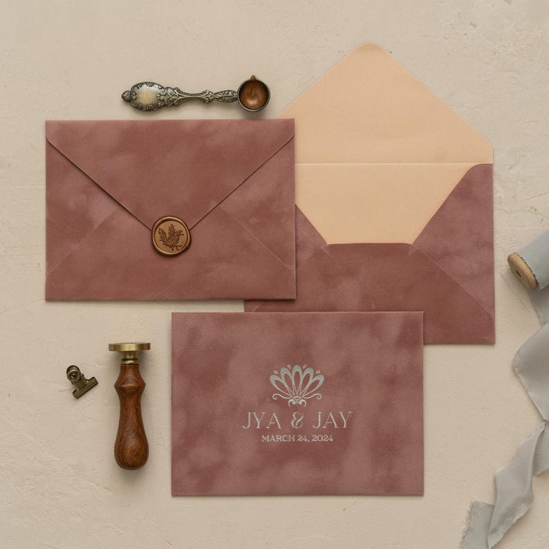 a pink envelope with a wax seal, a wooden clip, and a ribbon, all arranged on a light-colored surface.