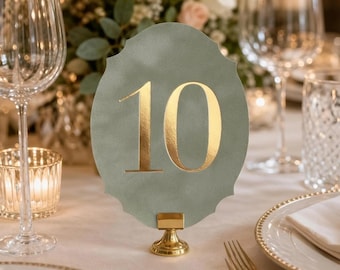 Sage Green Velvet Table Numbers, Gold Foil Wedding Table Number Cards, Vintage Die Cut Reception Decor, With Gold Holders