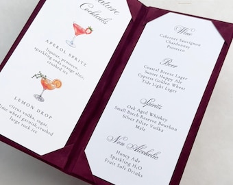 Velvet Menu Folio, Wedding Bar Menu Holder, The Bar or Menu Gold Foil Cover, Ready to Ship Cocktail Menu Cover