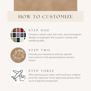 The image is a step-by-step guide on how to customize a velvet color, foil color, and monogram design to highlight the couple's names and wedding date.
